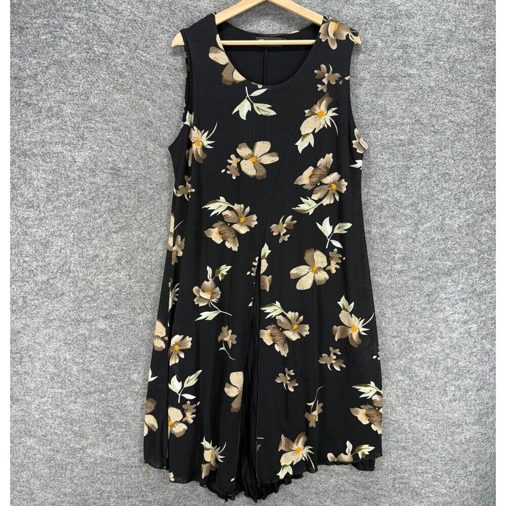 Creation Dress Women 2XL Black Floral Shift Midi Sleeveless Cotton Round Neck